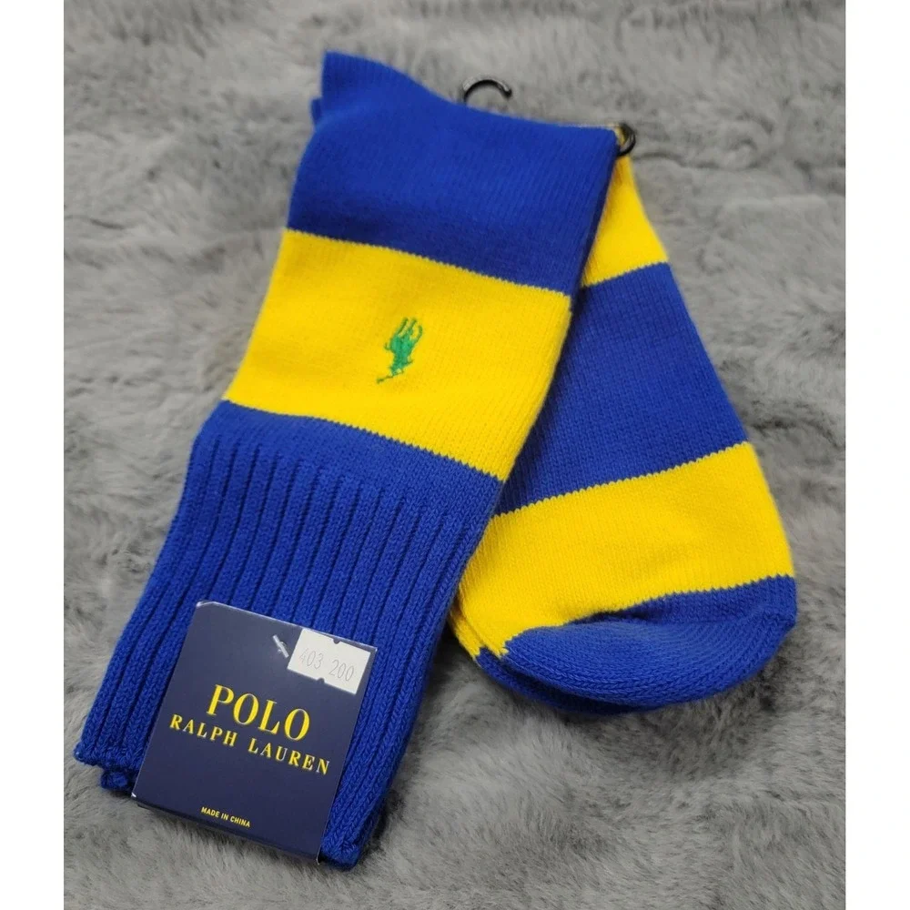 Polo Ralph Lauren Socks Mens 10-13 Blue Yellow Rugby Stripe Pony Crew Mid Calf